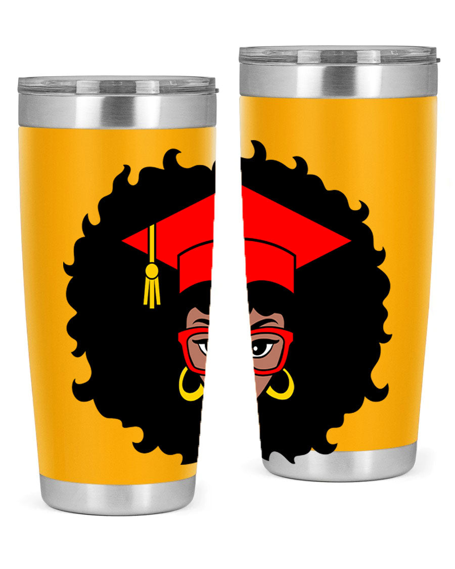 Graduation tumbler featuring a black woman design, available in 20oz and 30oz sizes, made of stainless steel.