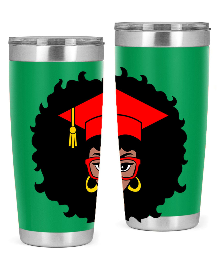 Graduation tumbler featuring a black woman design, available in 20oz and 30oz sizes, made of stainless steel.
