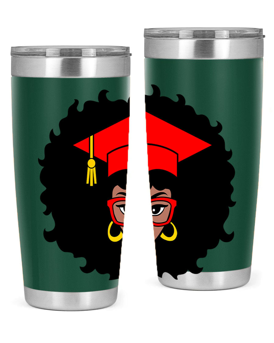 Graduation tumbler featuring a black woman design, available in 20oz and 30oz sizes, made of stainless steel.