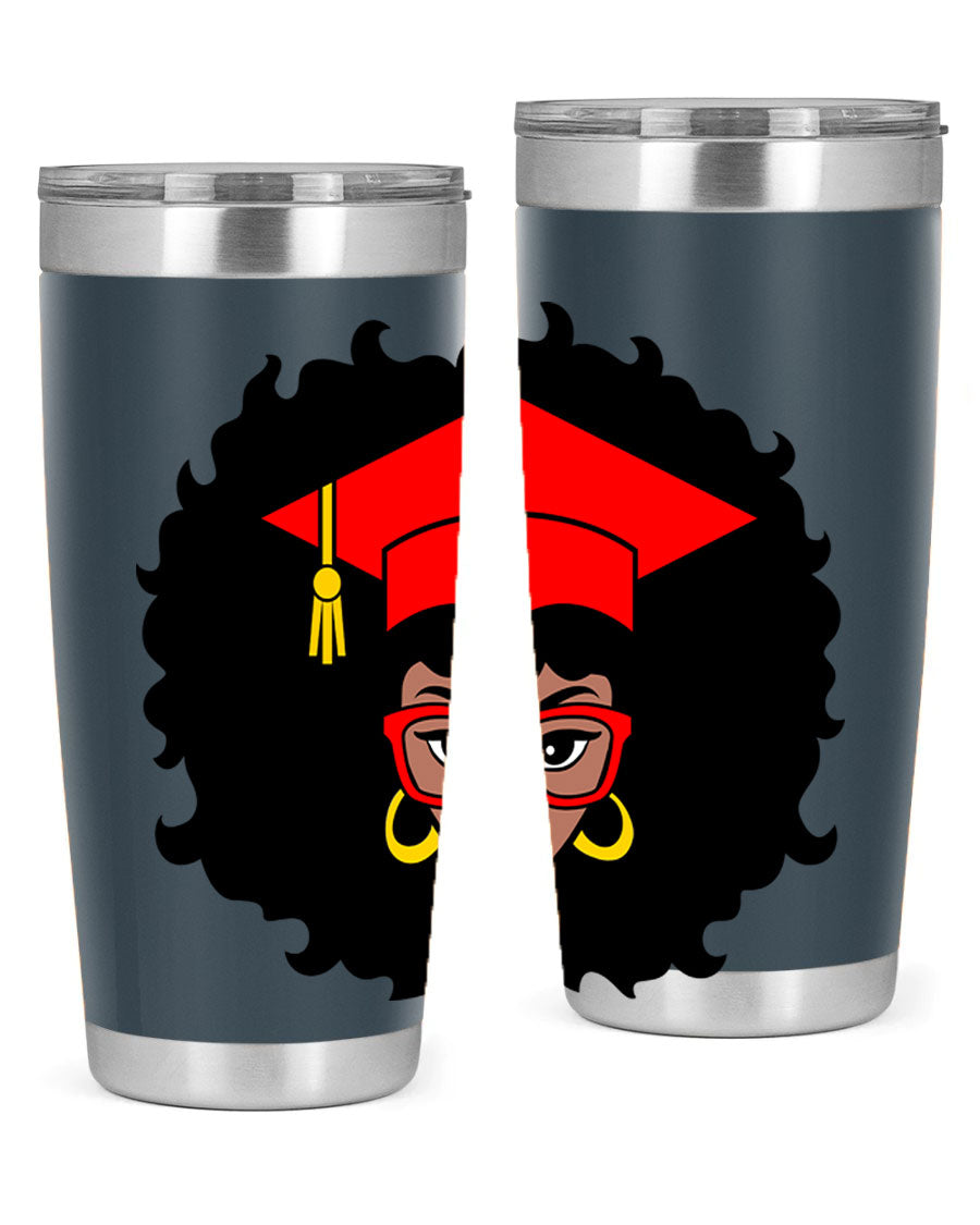 Graduation tumbler featuring a black woman design, available in 20oz and 30oz sizes, made of stainless steel.