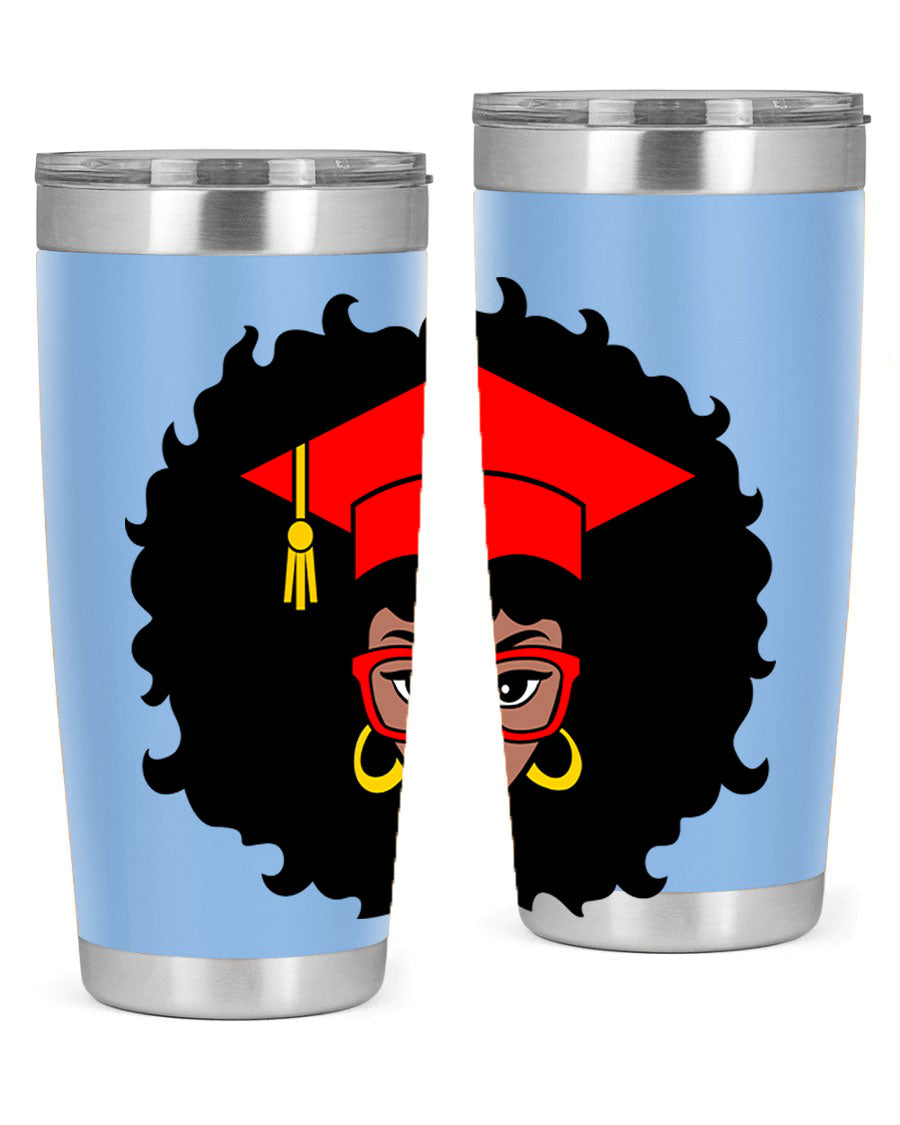 Graduation tumbler featuring a black woman design, available in 20oz and 30oz sizes, made of stainless steel.