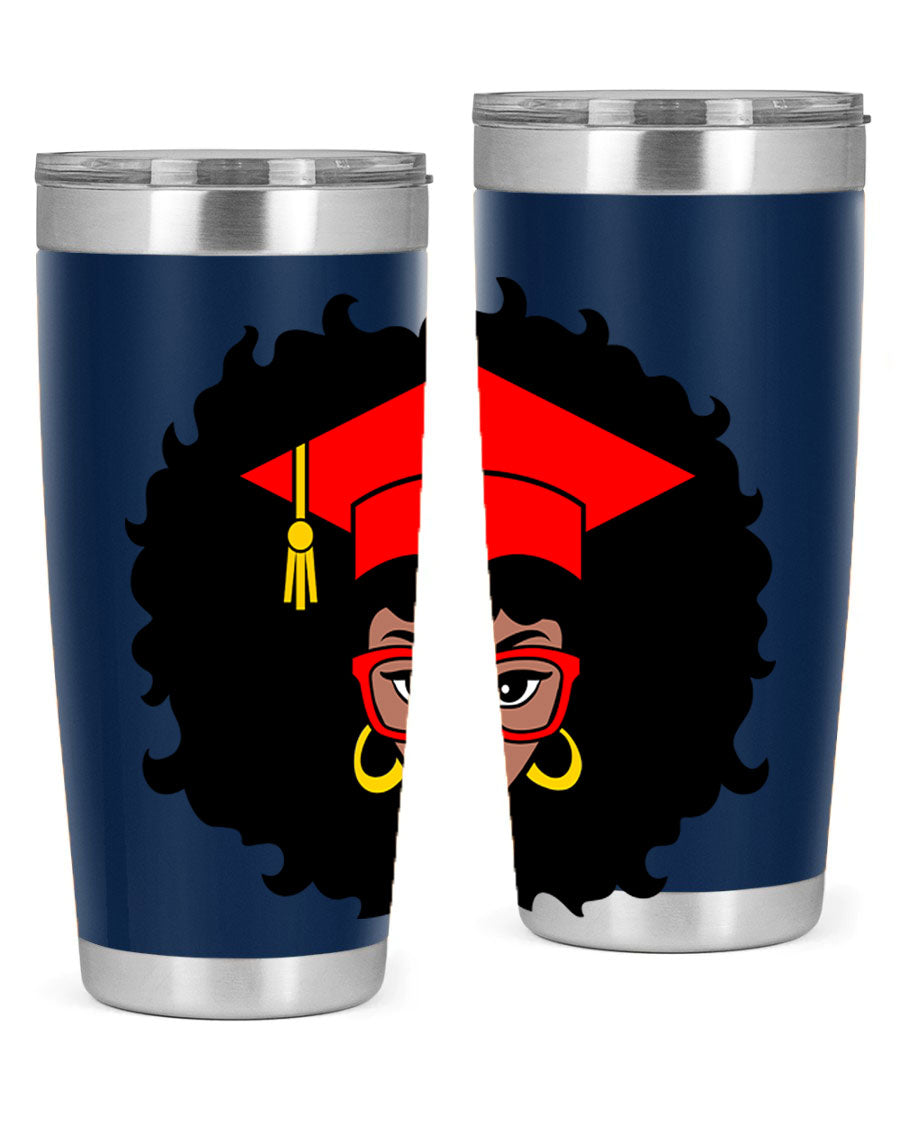 Graduation tumbler featuring a black woman design, available in 20oz and 30oz sizes, made of stainless steel.