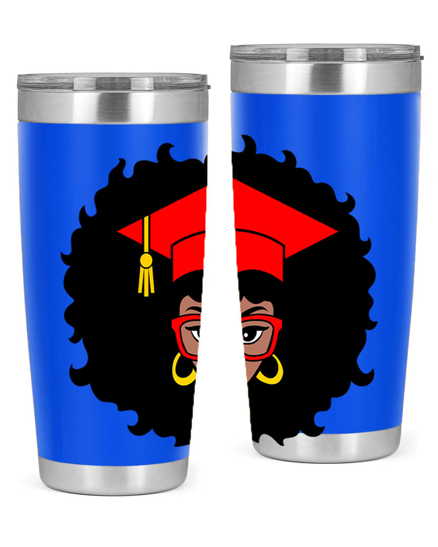 Graduation tumbler featuring a black woman design, available in 20oz and 30oz sizes, made of stainless steel.
