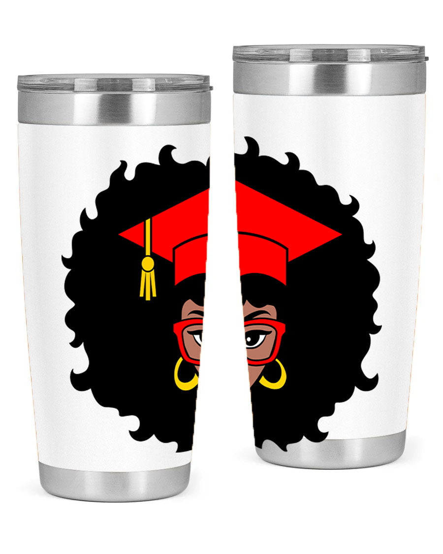 Graduation tumbler featuring a black woman design, available in 20oz and 30oz sizes, made of stainless steel.