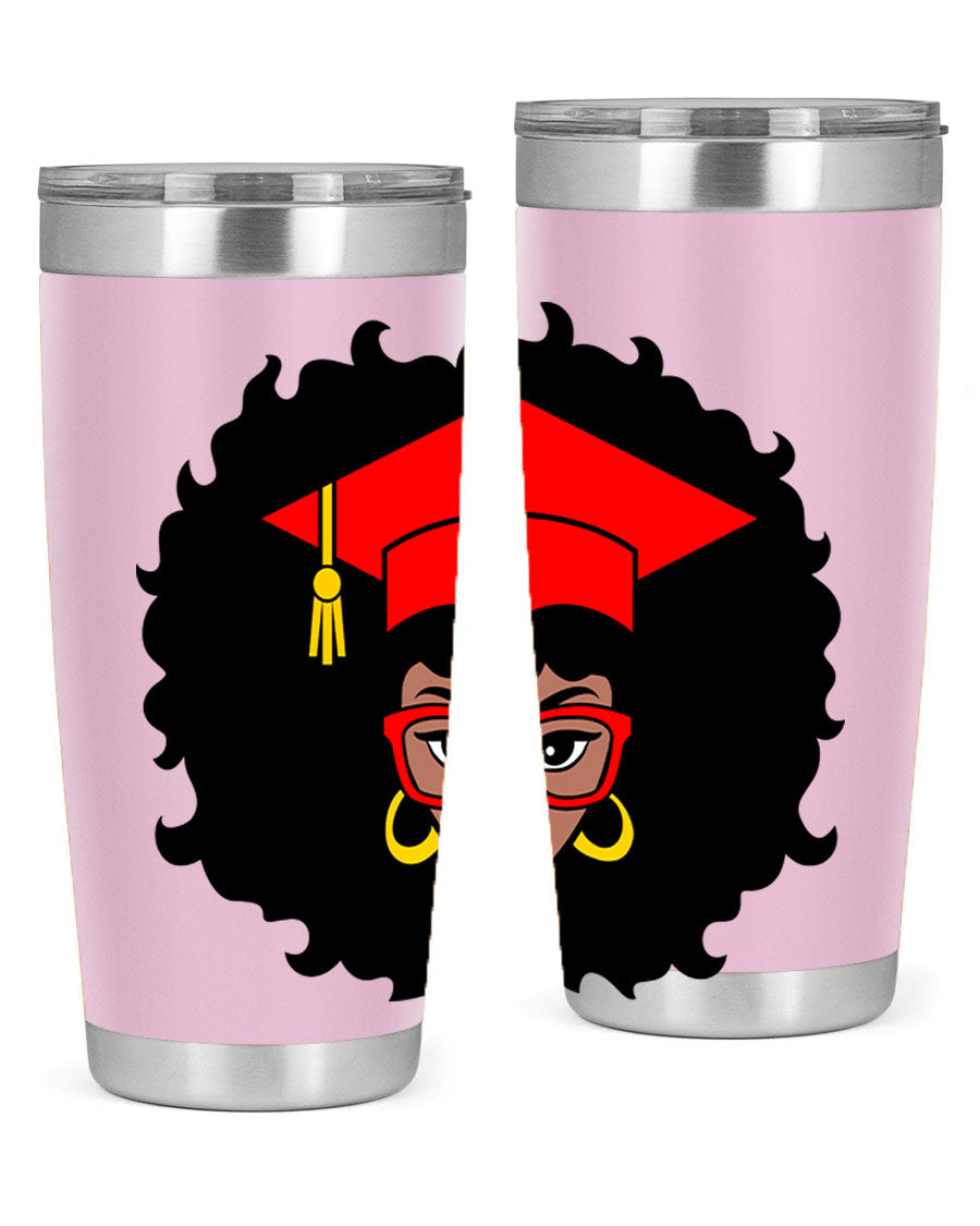 Graduation tumbler featuring a black woman design, available in 20oz and 30oz sizes, made of stainless steel.