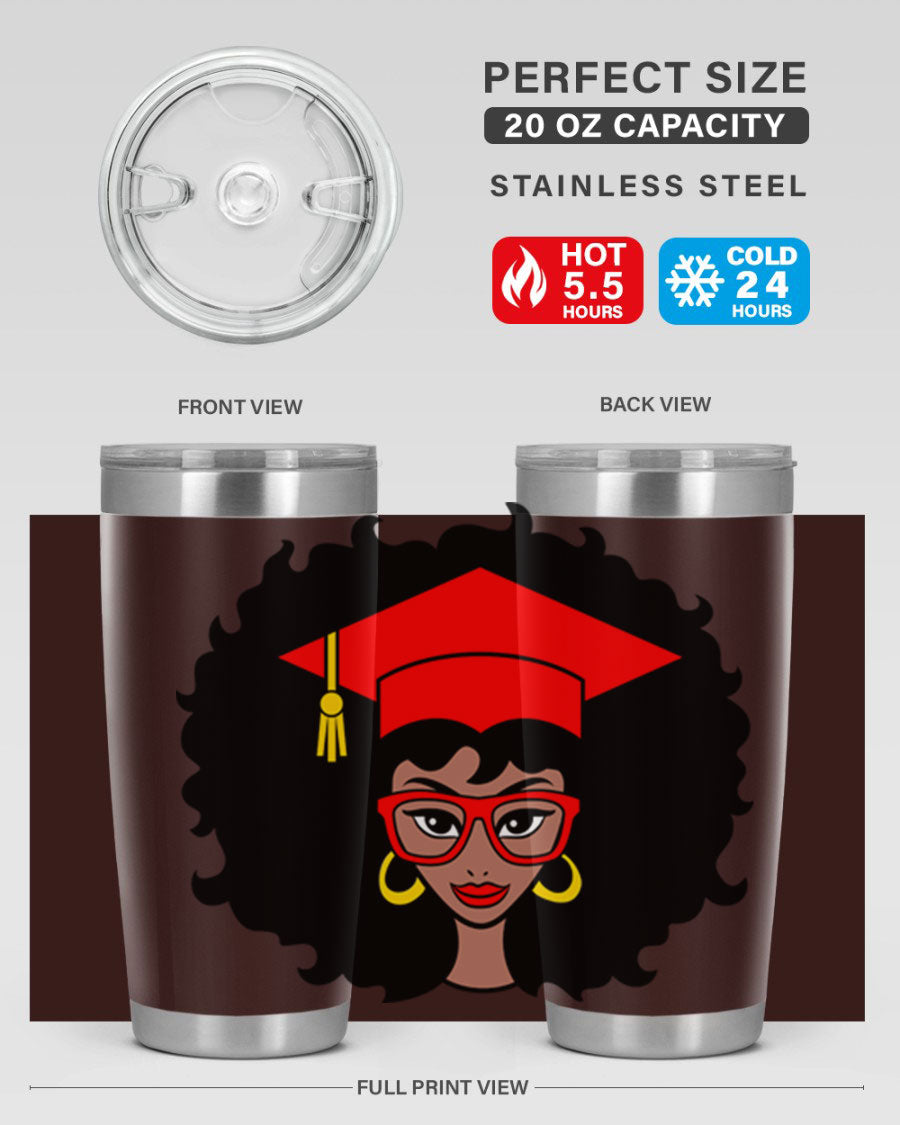 Graduation tumbler featuring a black woman design, available in 20oz and 30oz sizes, made of stainless steel.
