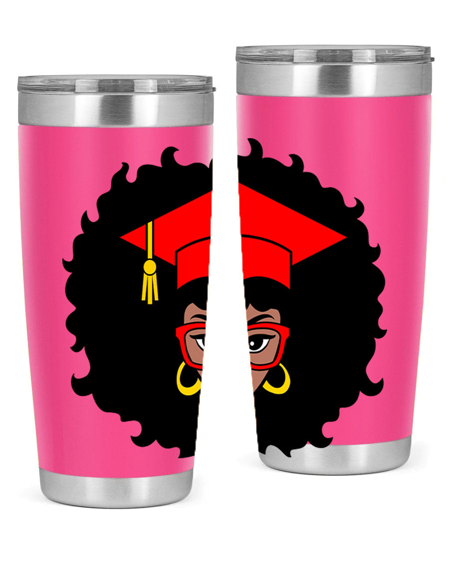 Graduation tumbler featuring a black woman design, available in 20oz and 30oz sizes, made of stainless steel.