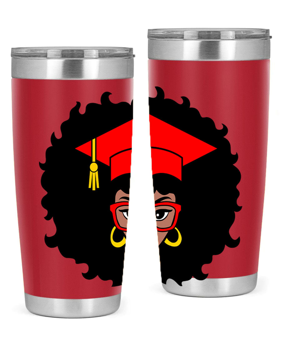 Graduation tumbler featuring a black woman design, available in 20oz and 30oz sizes, made of stainless steel.