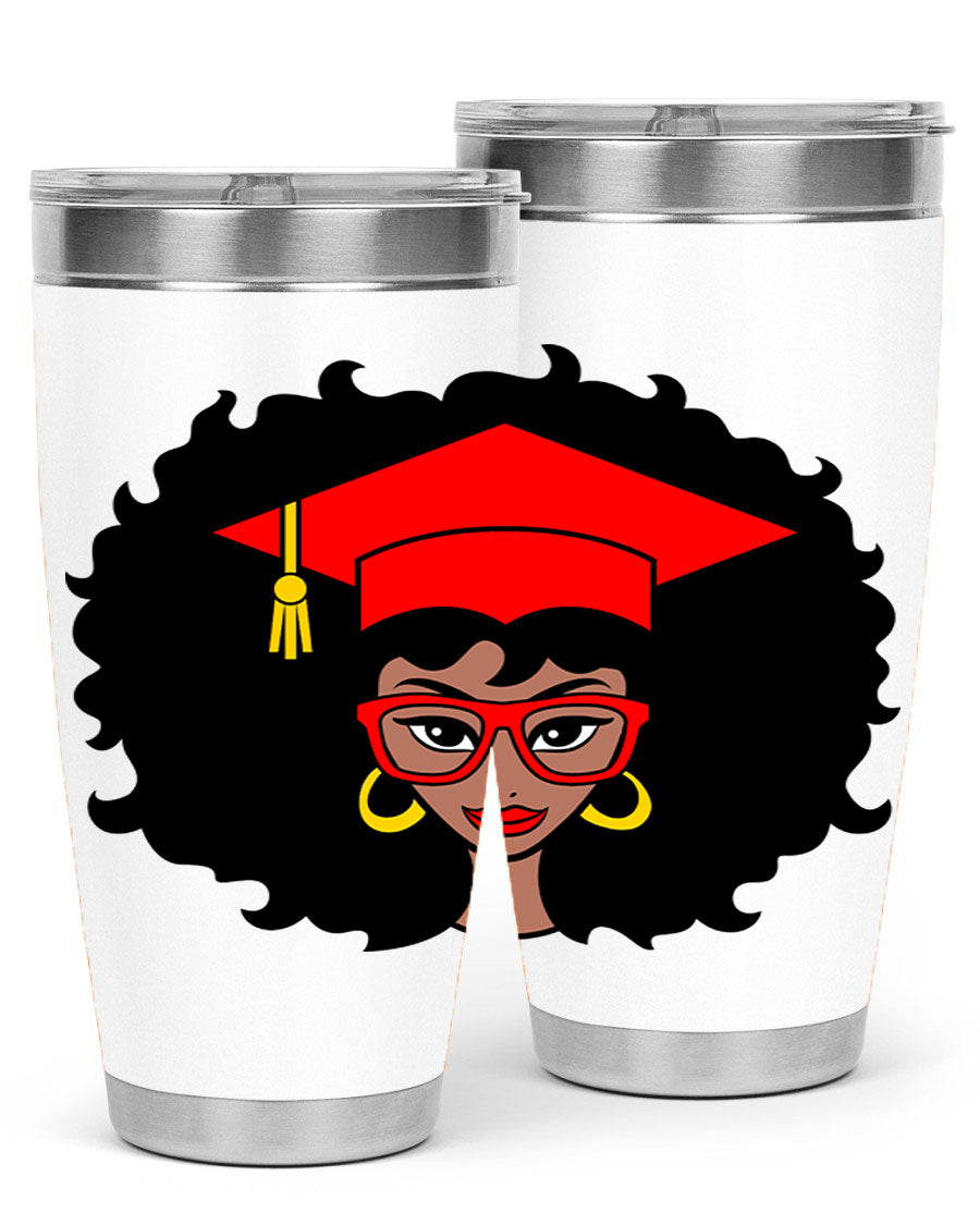 Graduation tumbler featuring a black woman design, available in 20oz and 30oz sizes, made of stainless steel.