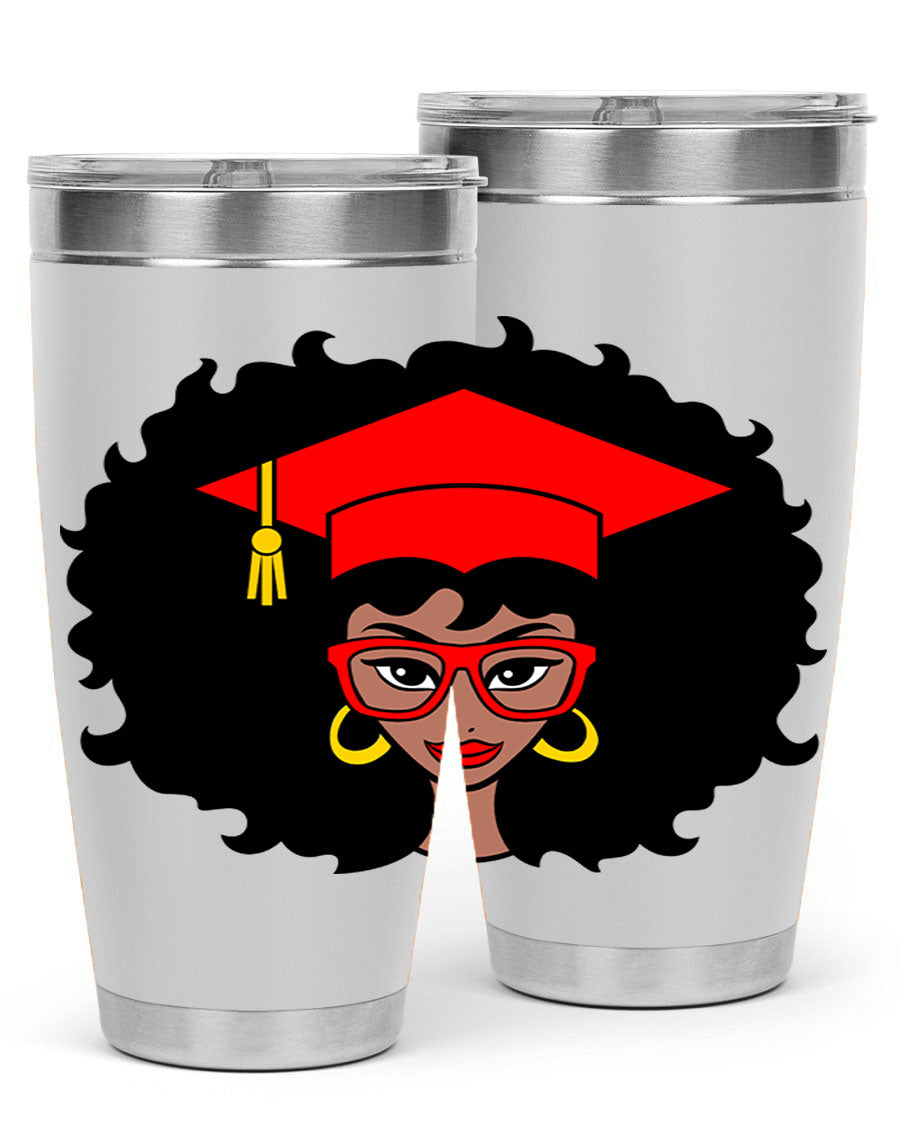 Graduation tumbler featuring a black woman design, available in 20oz and 30oz sizes, made of stainless steel.
