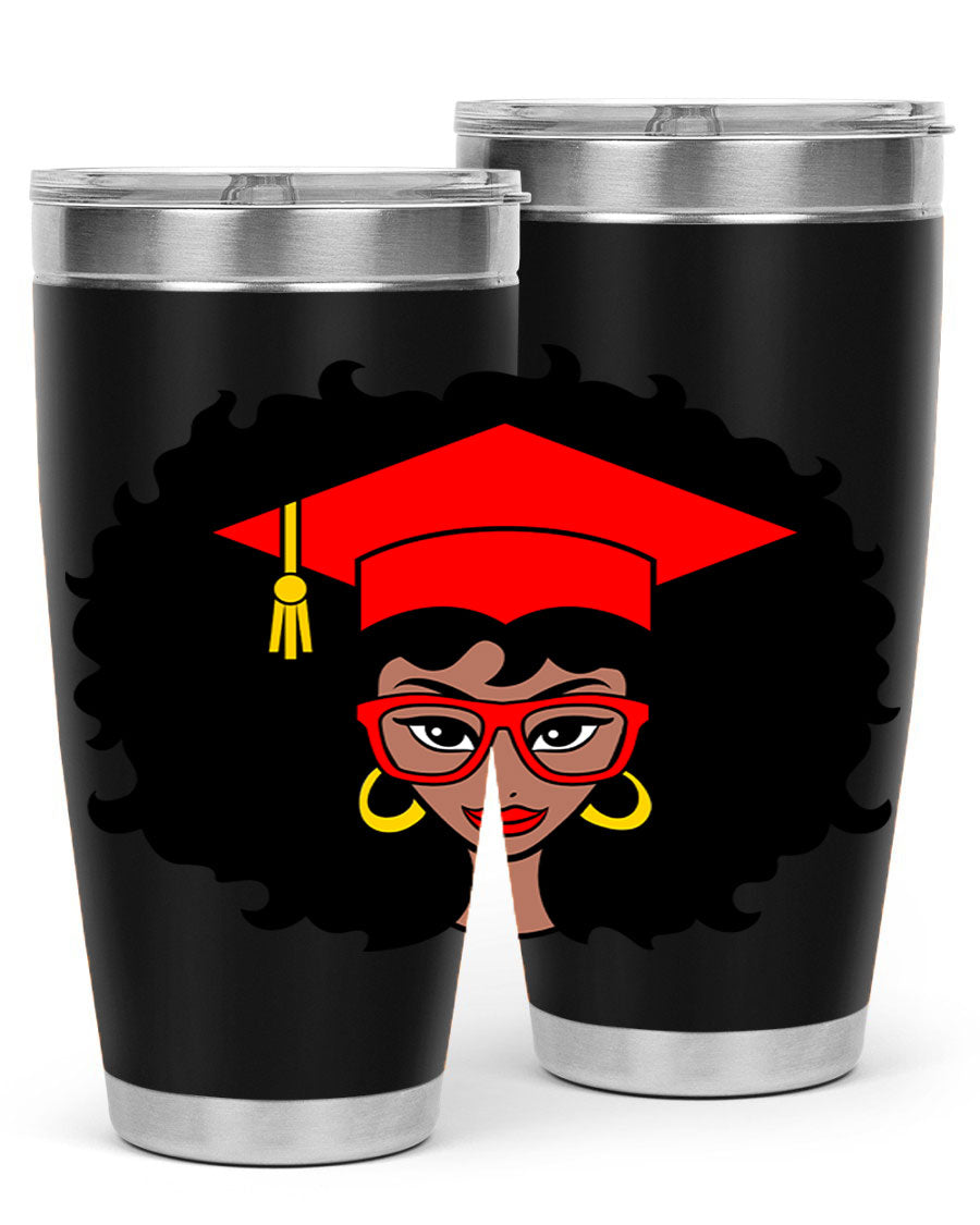 Graduation tumbler featuring a black woman design, available in 20oz and 30oz sizes, made of stainless steel.