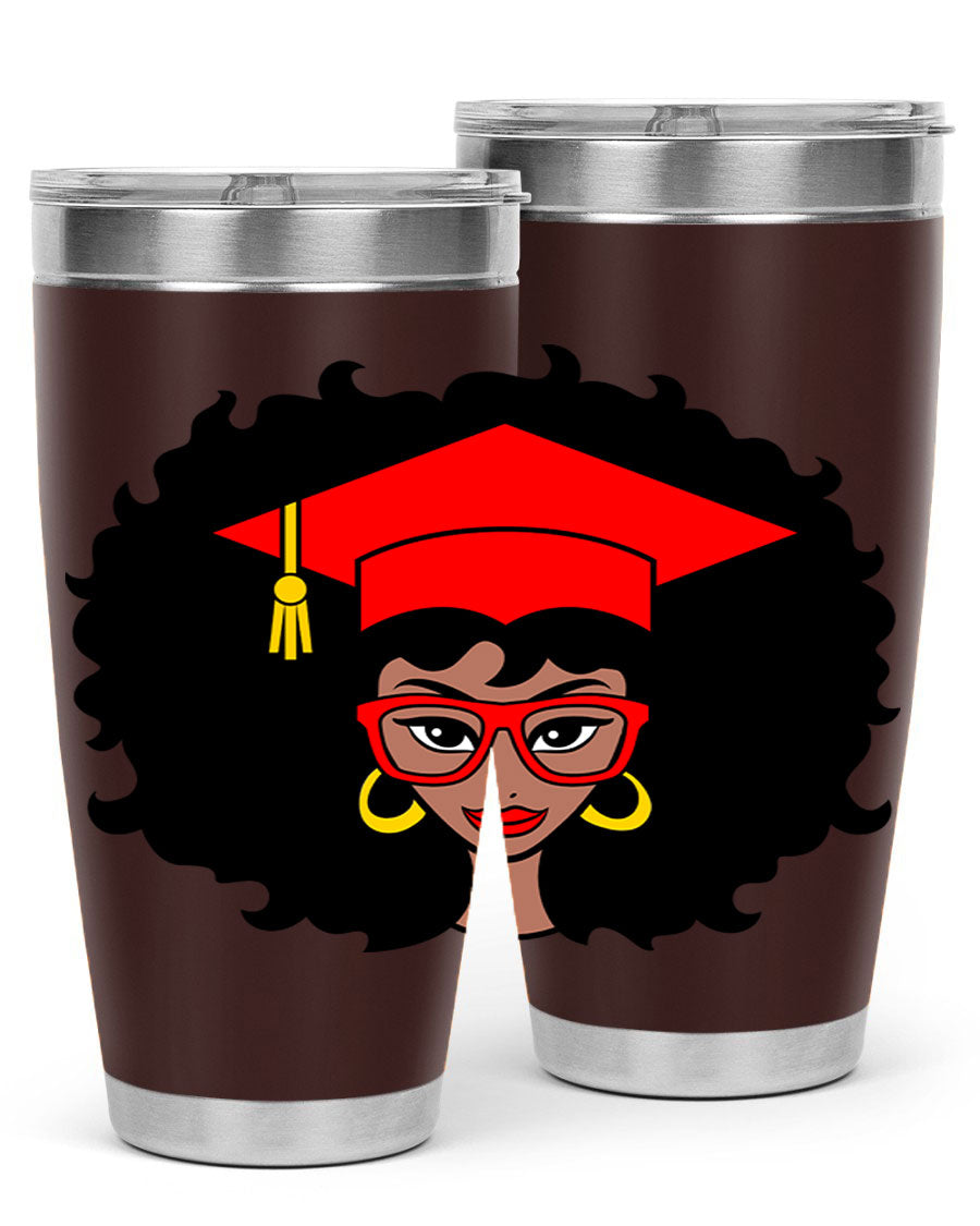 Graduation tumbler featuring a black woman design, available in 20oz and 30oz sizes, made of stainless steel.