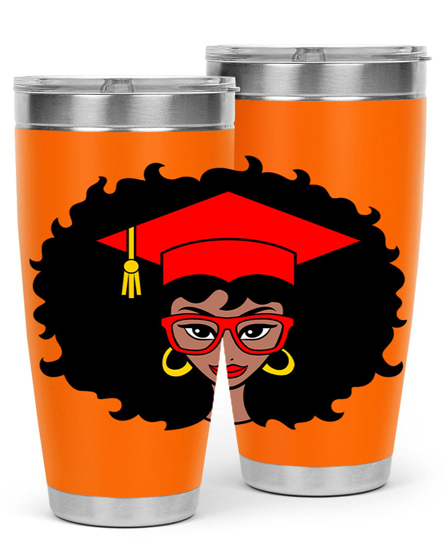Graduation tumbler featuring a black woman design, available in 20oz and 30oz sizes, made of stainless steel.