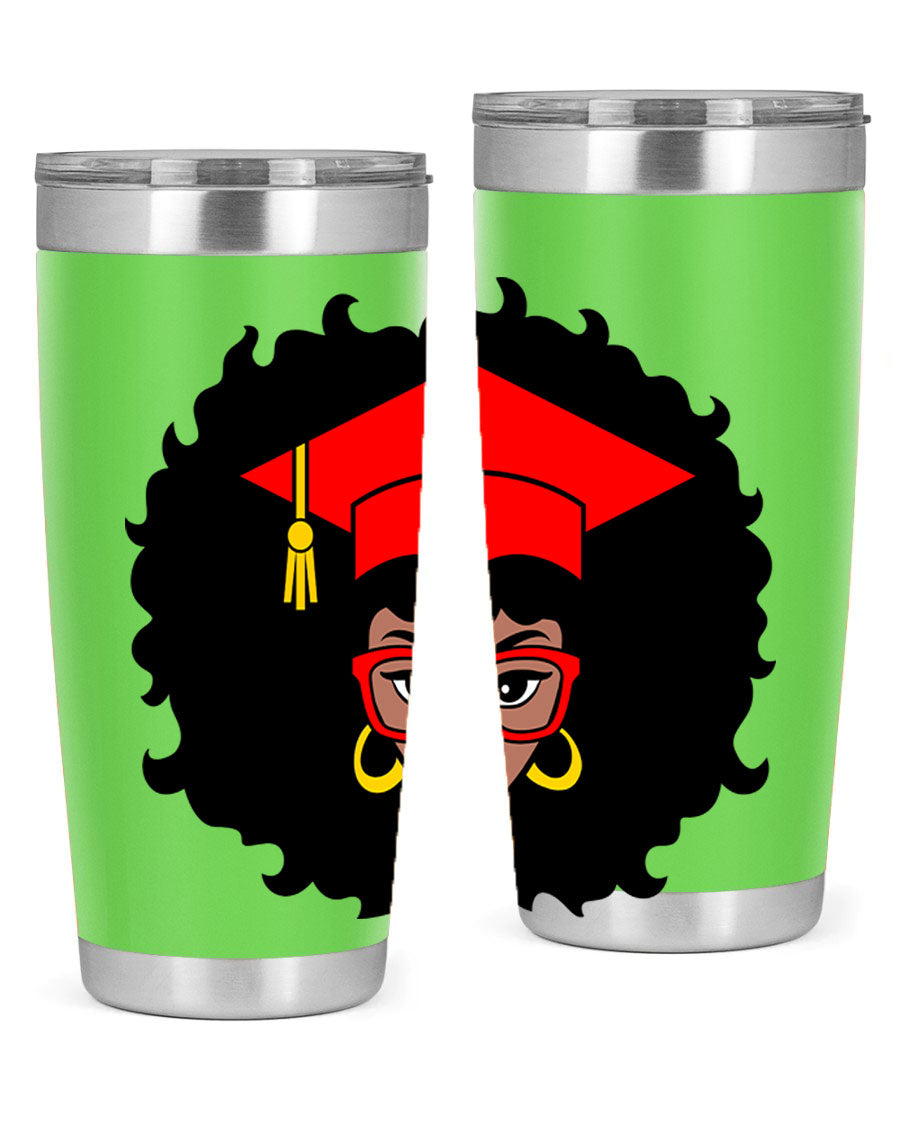Graduation tumbler featuring a black woman design, available in 20oz and 30oz sizes, made of stainless steel.