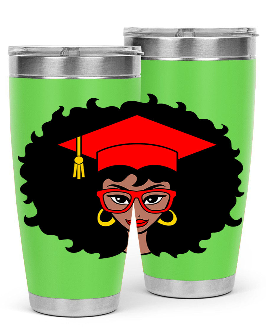 Graduation tumbler featuring a black woman design, available in 20oz and 30oz sizes, made of stainless steel.