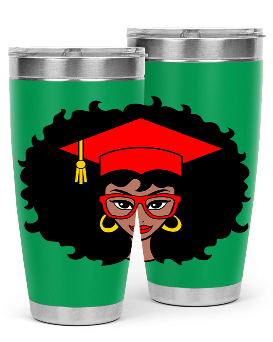 Graduation tumbler featuring a black woman design, available in 20oz and 30oz sizes, made of stainless steel.