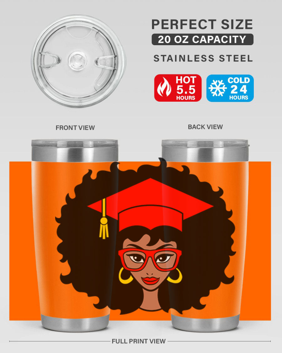 Graduation tumbler featuring a black woman design, available in 20oz and 30oz sizes, made of stainless steel.