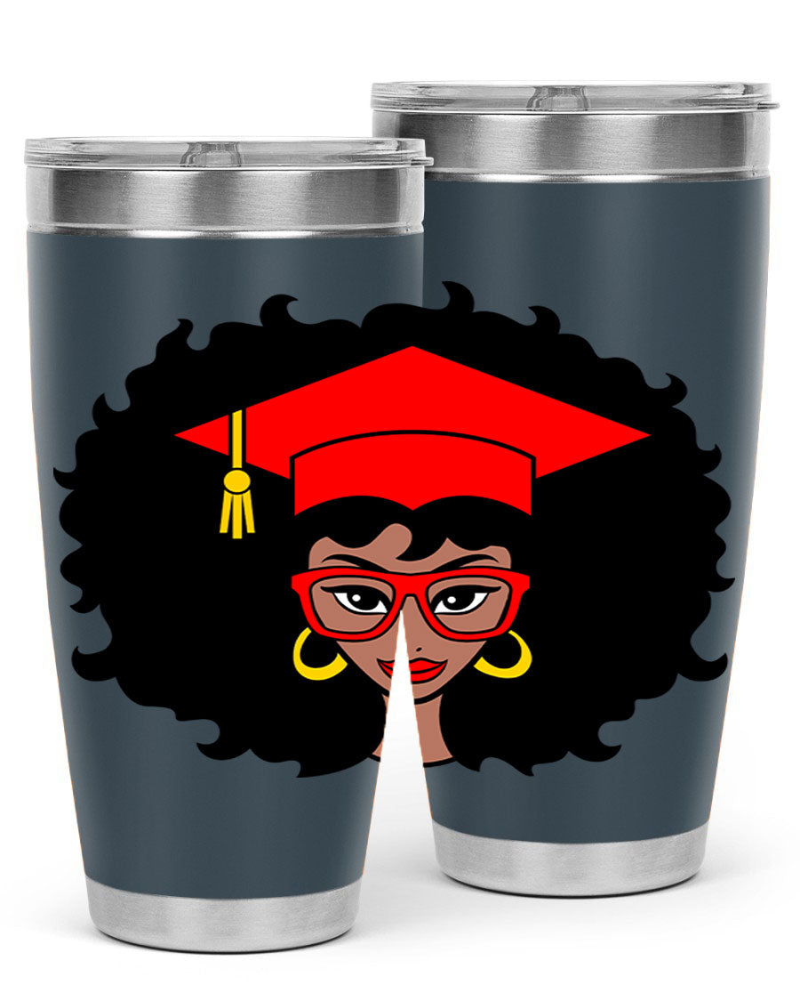 Graduation tumbler featuring a black woman design, available in 20oz and 30oz sizes, made of stainless steel.