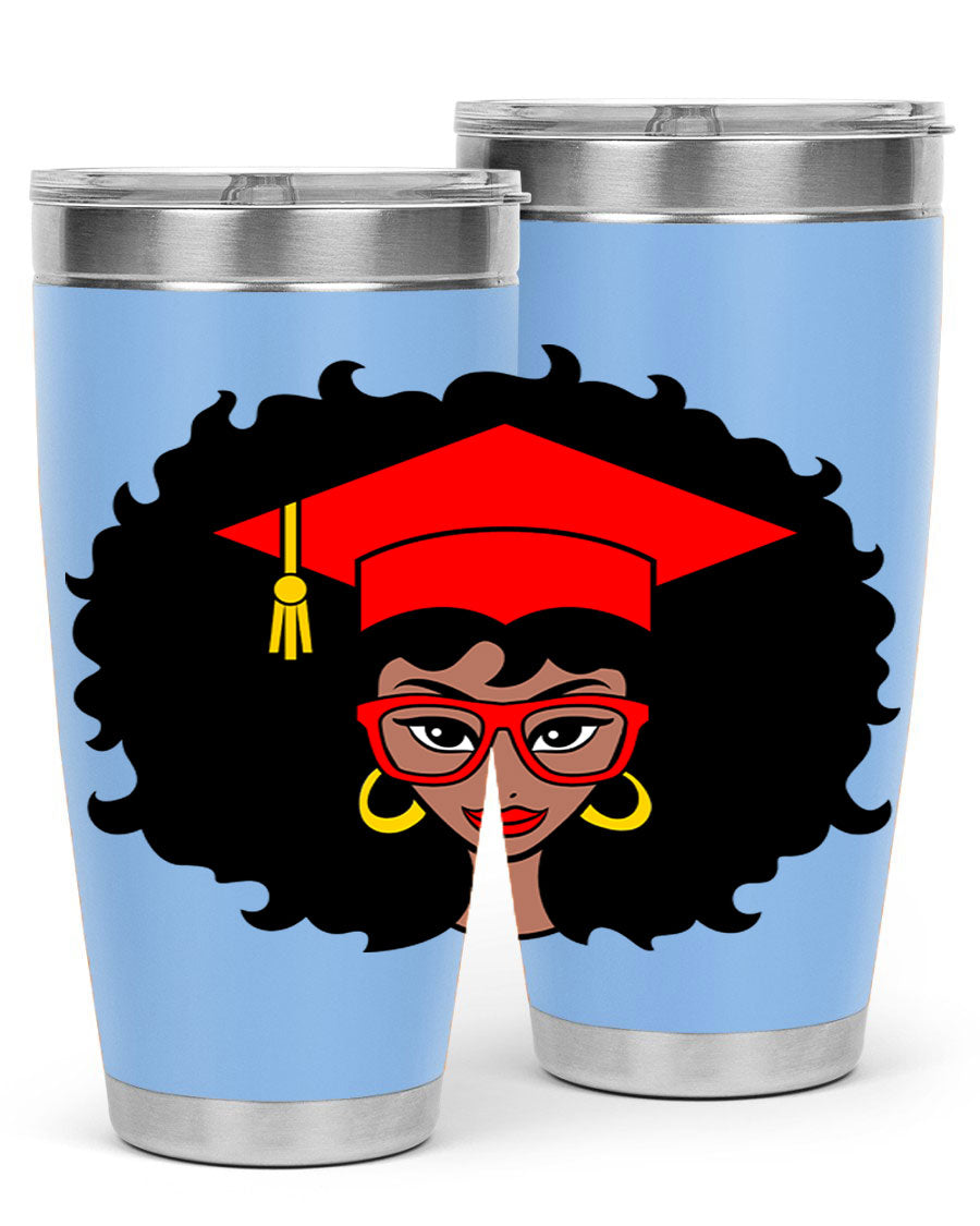 Graduation tumbler featuring a black woman design, available in 20oz and 30oz sizes, made of stainless steel.