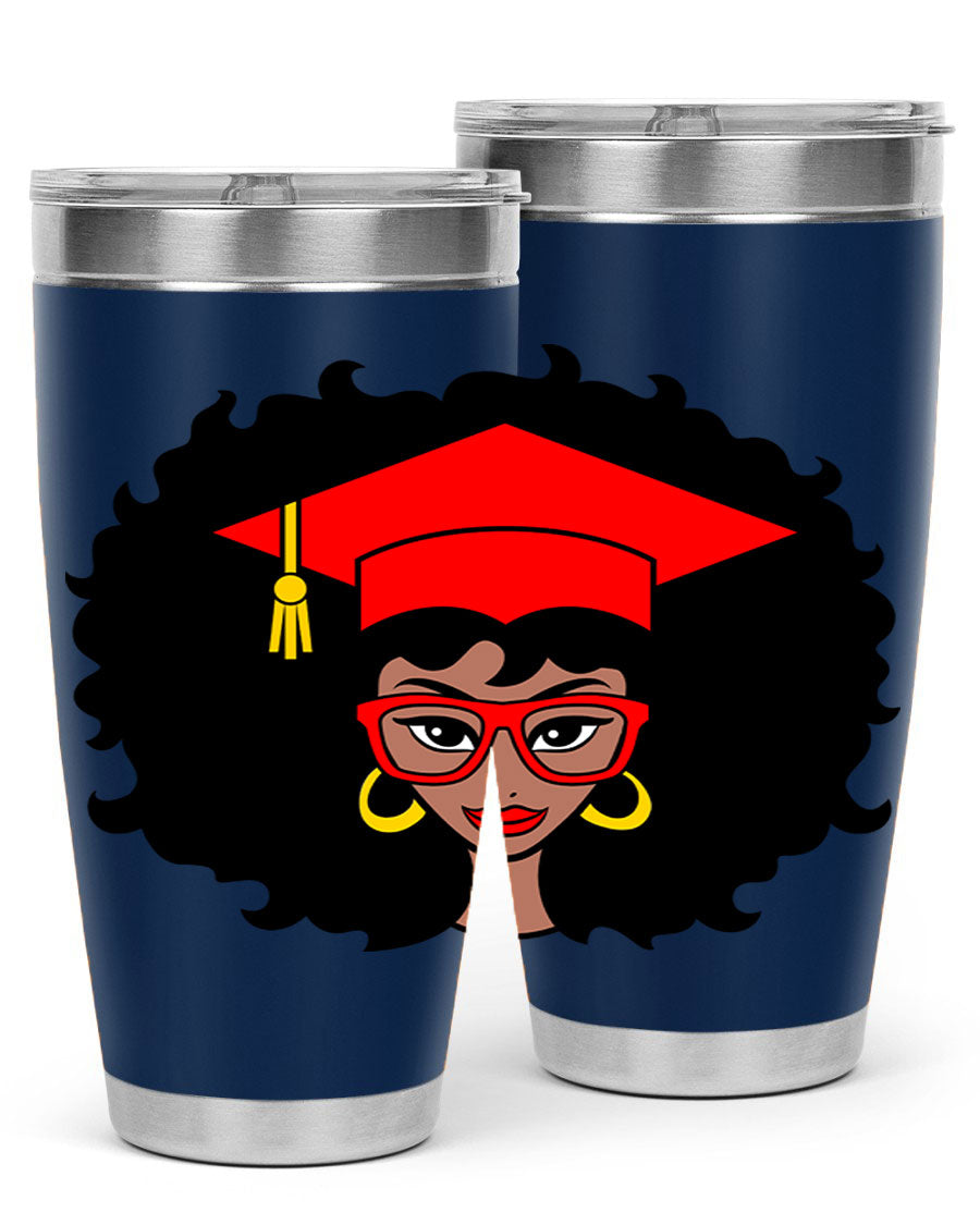 Graduation tumbler featuring a black woman design, available in 20oz and 30oz sizes, made of stainless steel.