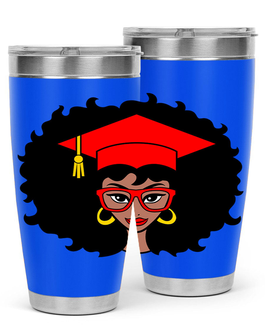 Graduation tumbler featuring a black woman design, available in 20oz and 30oz sizes, made of stainless steel.