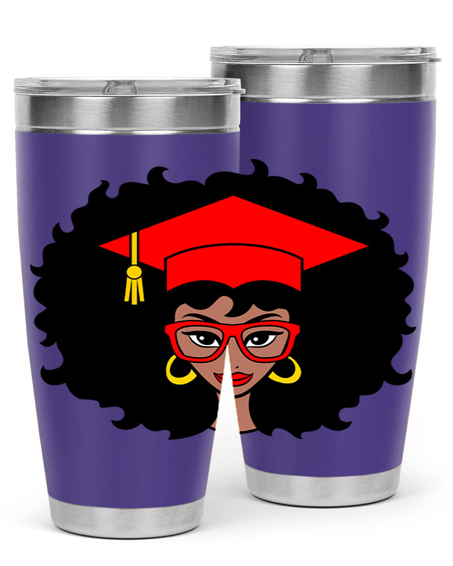 Graduation tumbler featuring a black woman design, available in 20oz and 30oz sizes, made of stainless steel.