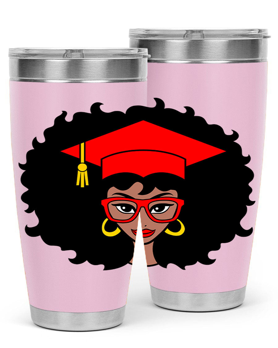 Graduation tumbler featuring a black woman design, available in 20oz and 30oz sizes, made of stainless steel.