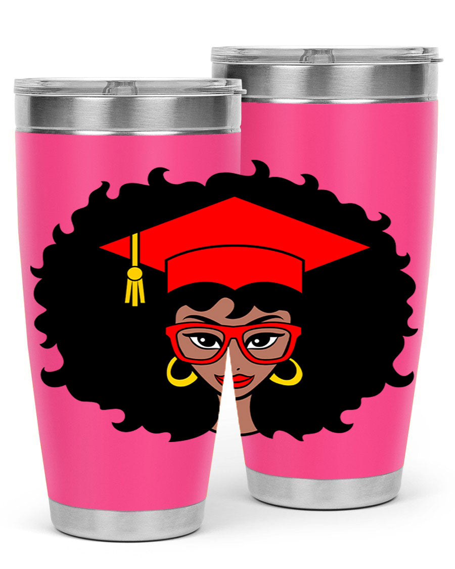 Graduation tumbler featuring a black woman design, available in 20oz and 30oz sizes, made of stainless steel.