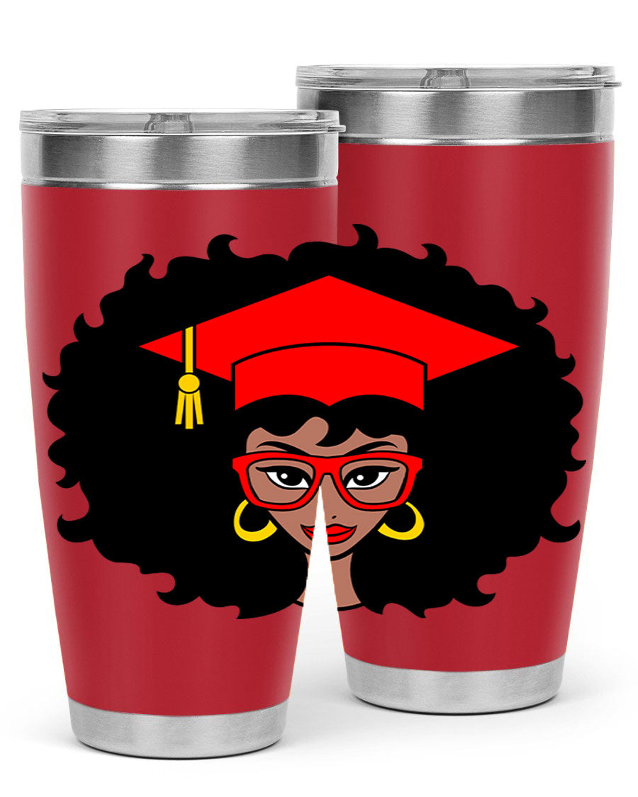 Graduation tumbler featuring a black woman design, available in 20oz and 30oz sizes, made of stainless steel.