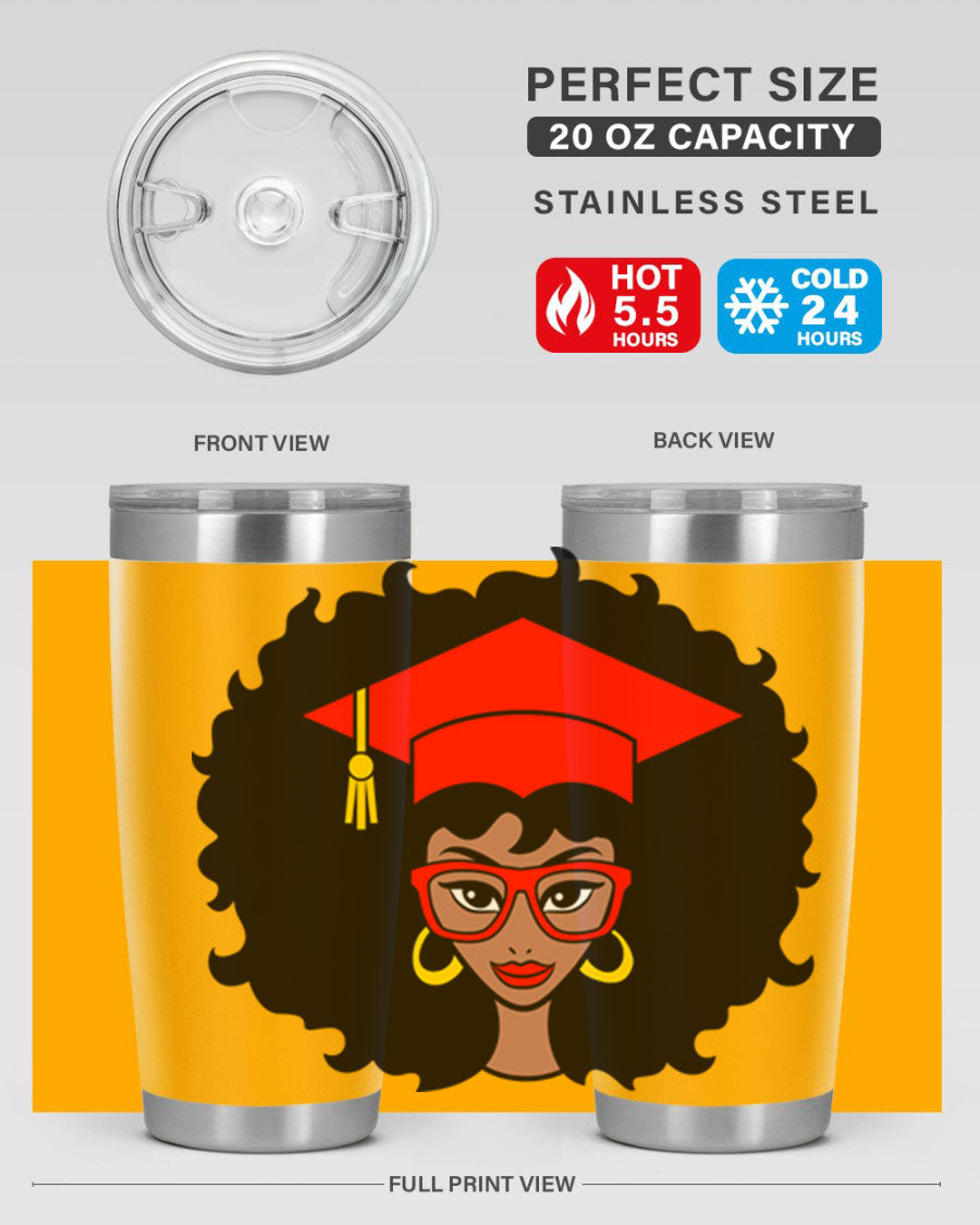 Graduation tumbler featuring a black woman design, available in 20oz and 30oz sizes, made of stainless steel.