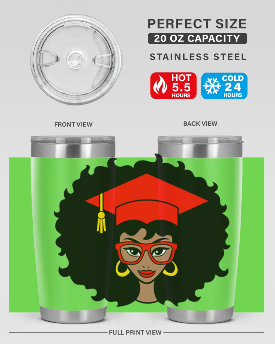 Graduation tumbler featuring a black woman design, available in 20oz and 30oz sizes, made of stainless steel.