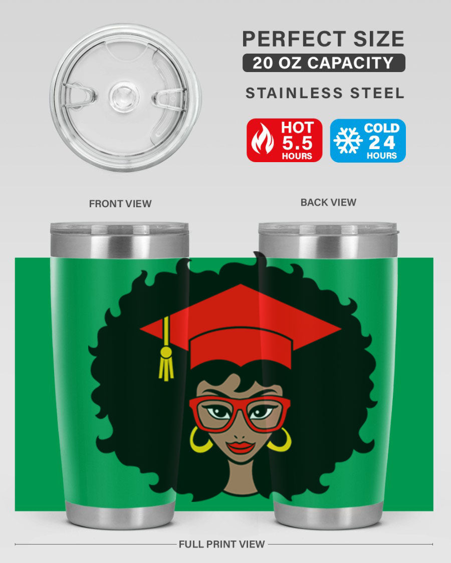 Graduation tumbler featuring a black woman design, available in 20oz and 30oz sizes, made of stainless steel.