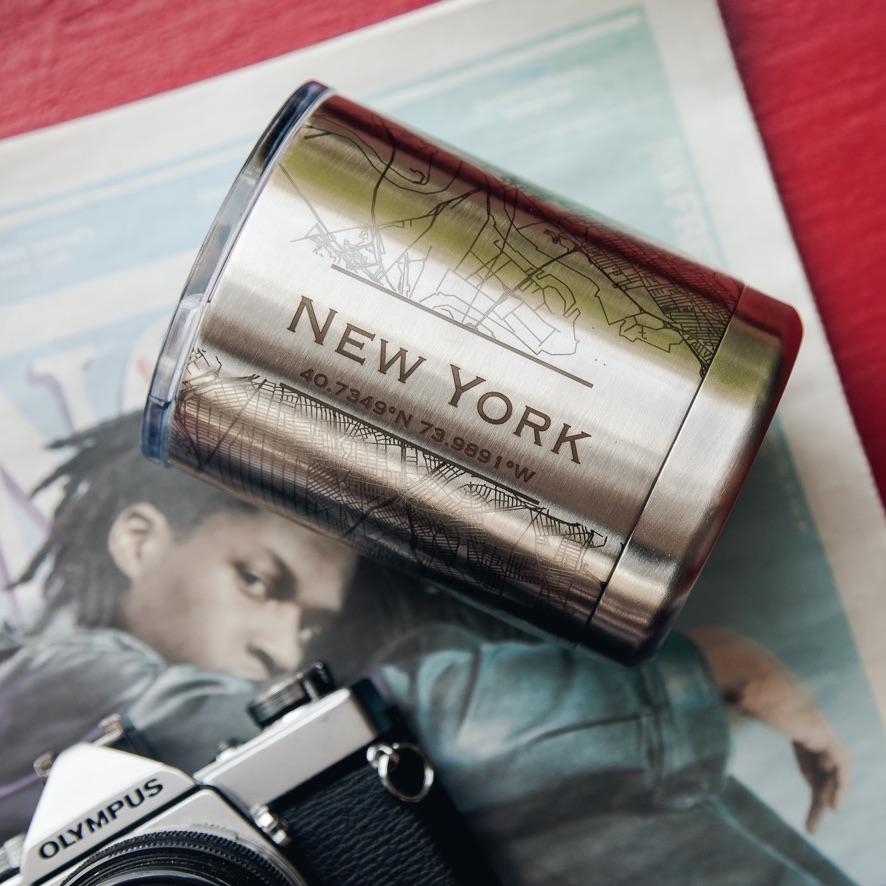 10oz insulated stainless steel cup featuring a custom engraved map of Grand Canyon National Park, Arizona.