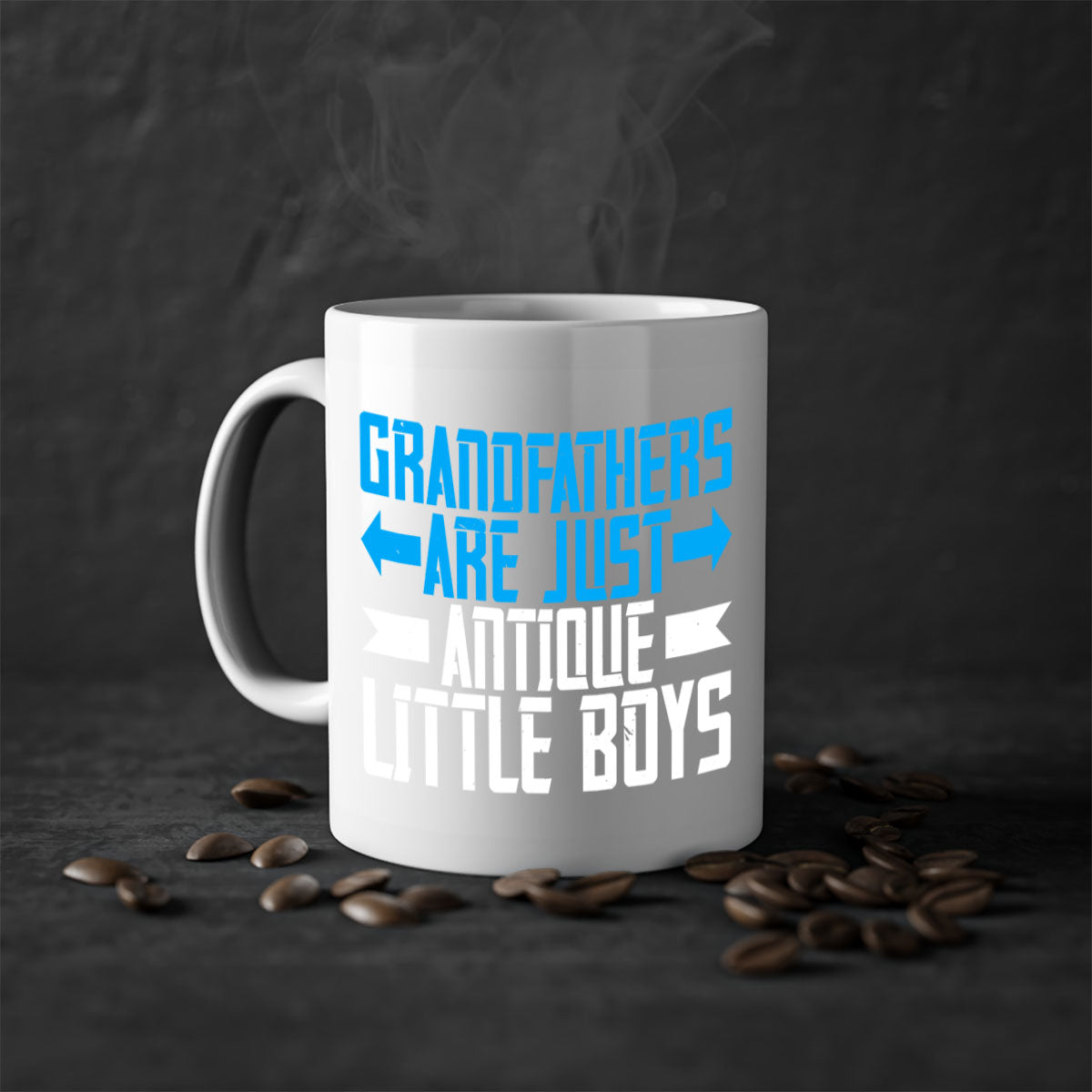 Ceramic coffee mug with humorous design featuring the phrase 'Grandfathers are just antique little boys', available in multiple colors.