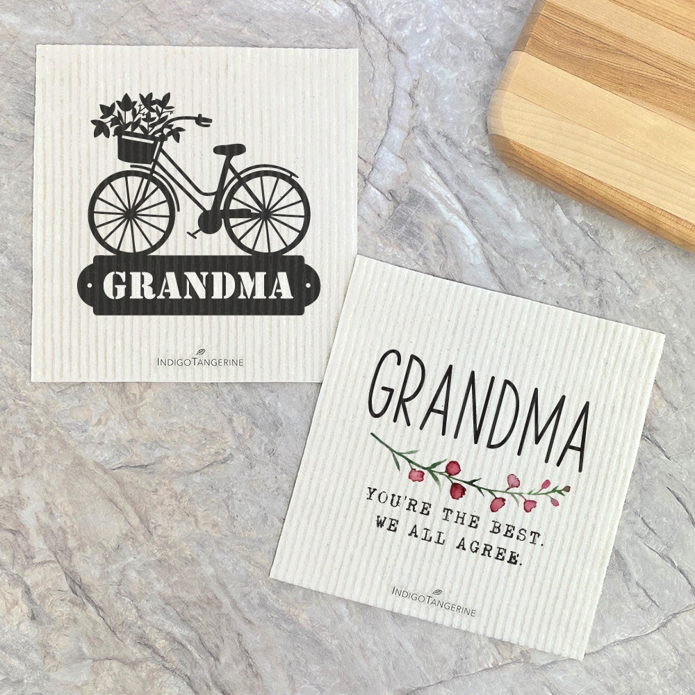 Grandma Floral Bike Swedish Dish Cloth featuring vibrant floral designs, eco-friendly materials, and a reusable, compostable structure.