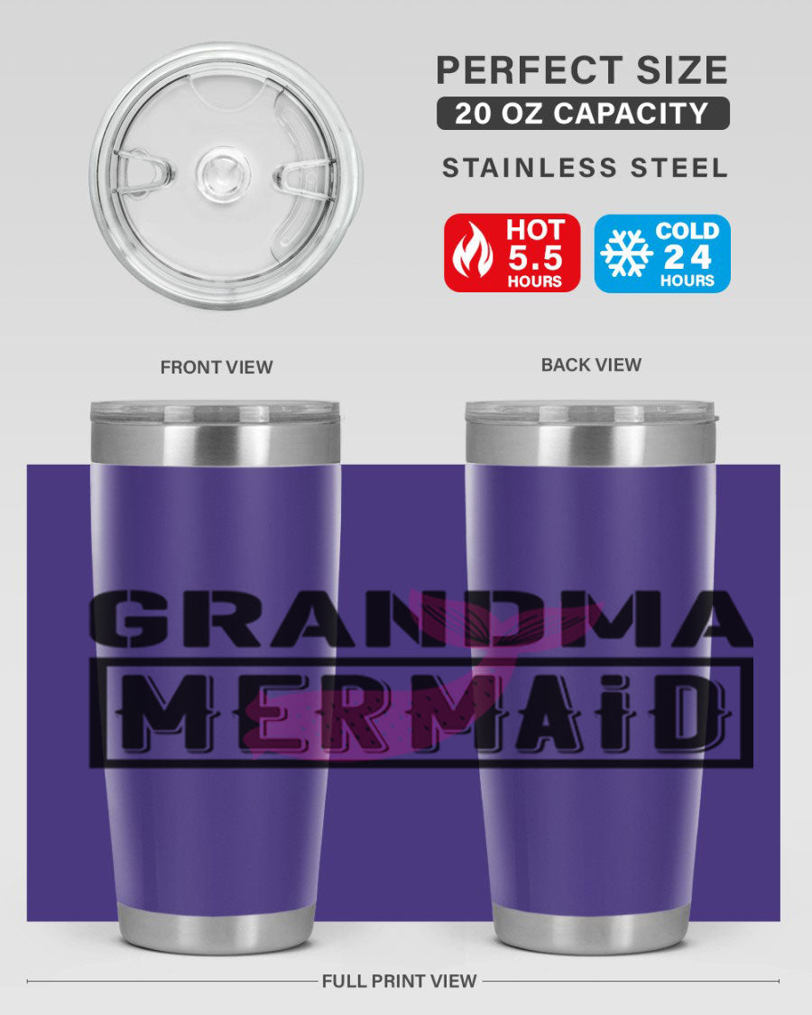 Grandma Mermaid 203# Tumbler, a stylish 20oz stainless steel drinkware with a charming mermaid design, perfect for hot and cold beverages.