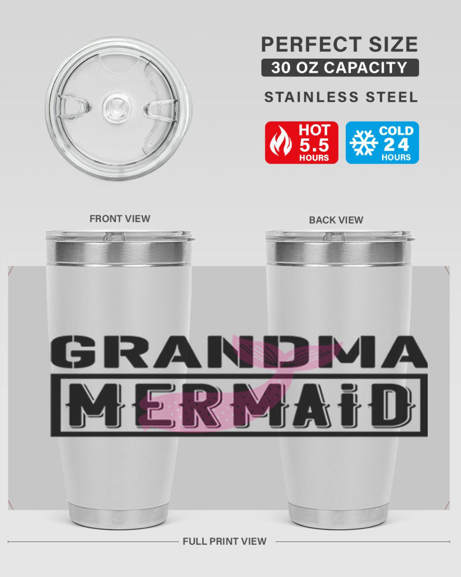 Grandma Mermaid 203# Tumbler, a stylish 20oz stainless steel drinkware with a charming mermaid design, perfect for hot and cold beverages.