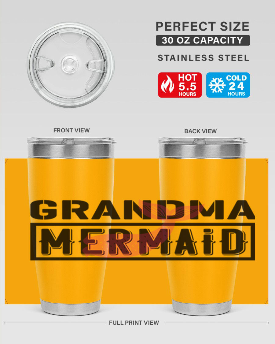 Grandma Mermaid 203# Tumbler, a stylish 20oz stainless steel drinkware with a charming mermaid design, perfect for hot and cold beverages.
