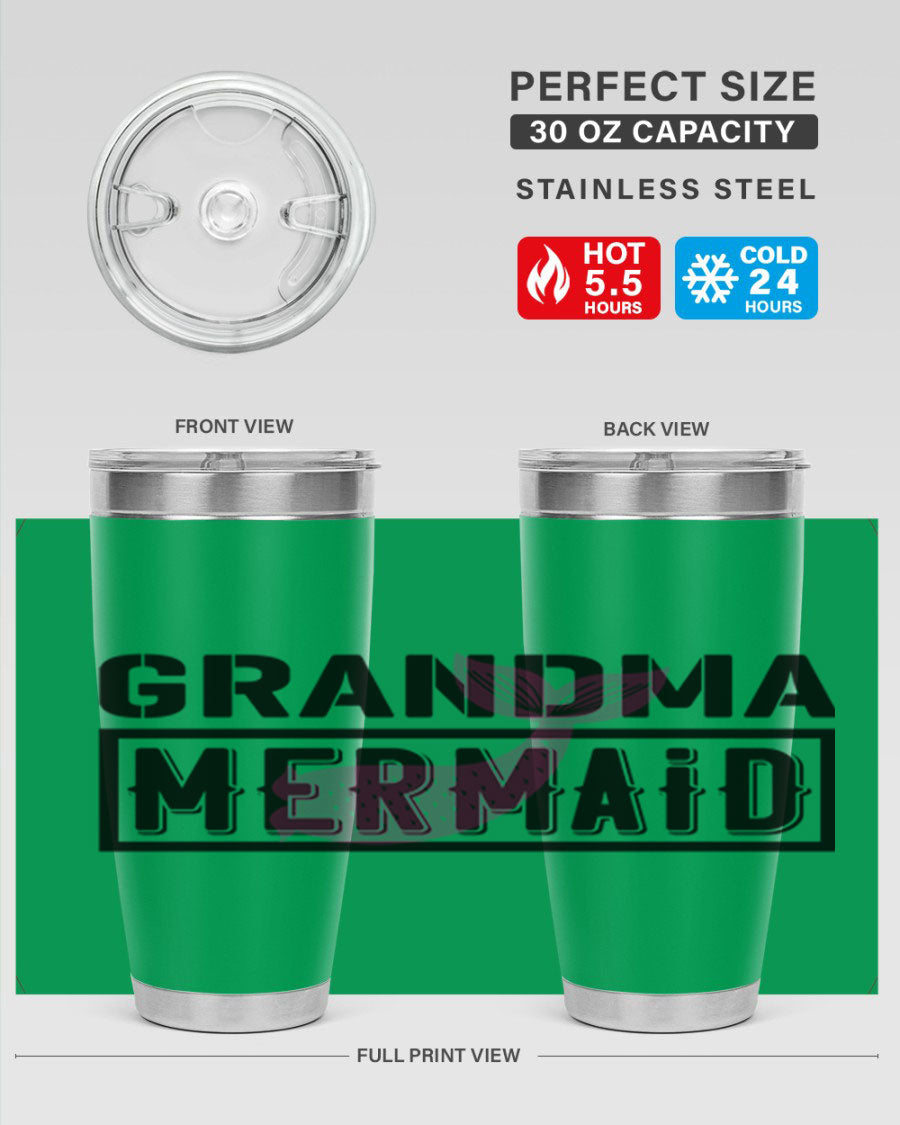 Grandma Mermaid 203# Tumbler, a stylish 20oz stainless steel drinkware with a charming mermaid design, perfect for hot and cold beverages.