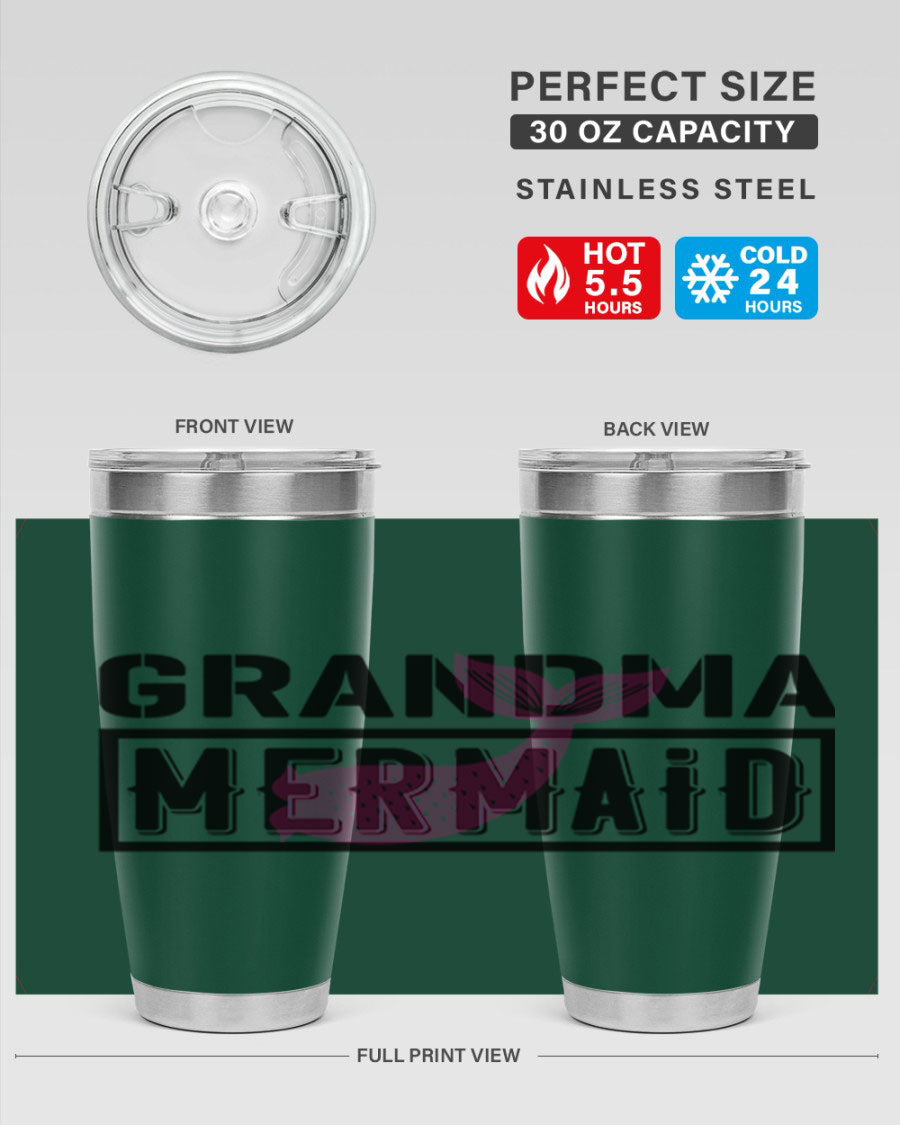 Grandma Mermaid 203# Tumbler, a stylish 20oz stainless steel drinkware with a charming mermaid design, perfect for hot and cold beverages.