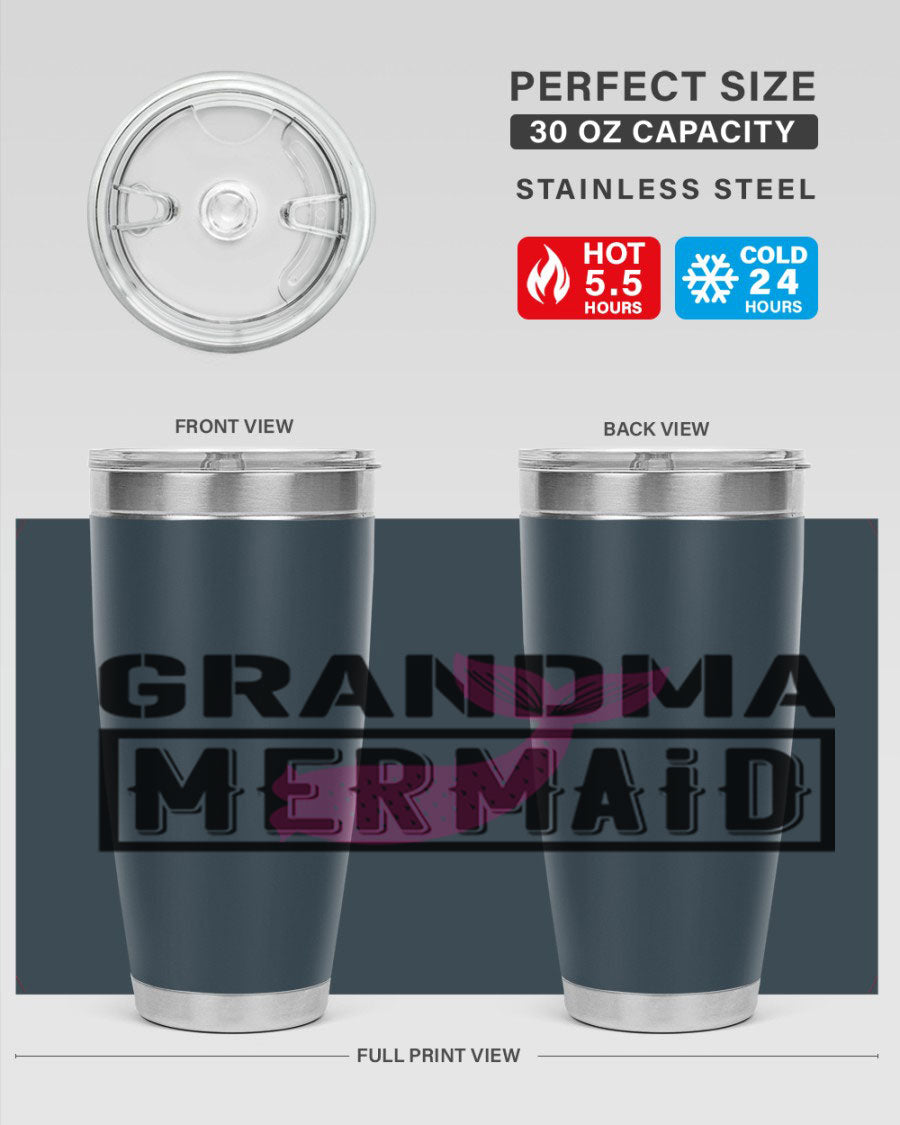 Grandma Mermaid 203# Tumbler, a stylish 20oz stainless steel drinkware with a charming mermaid design, perfect for hot and cold beverages.