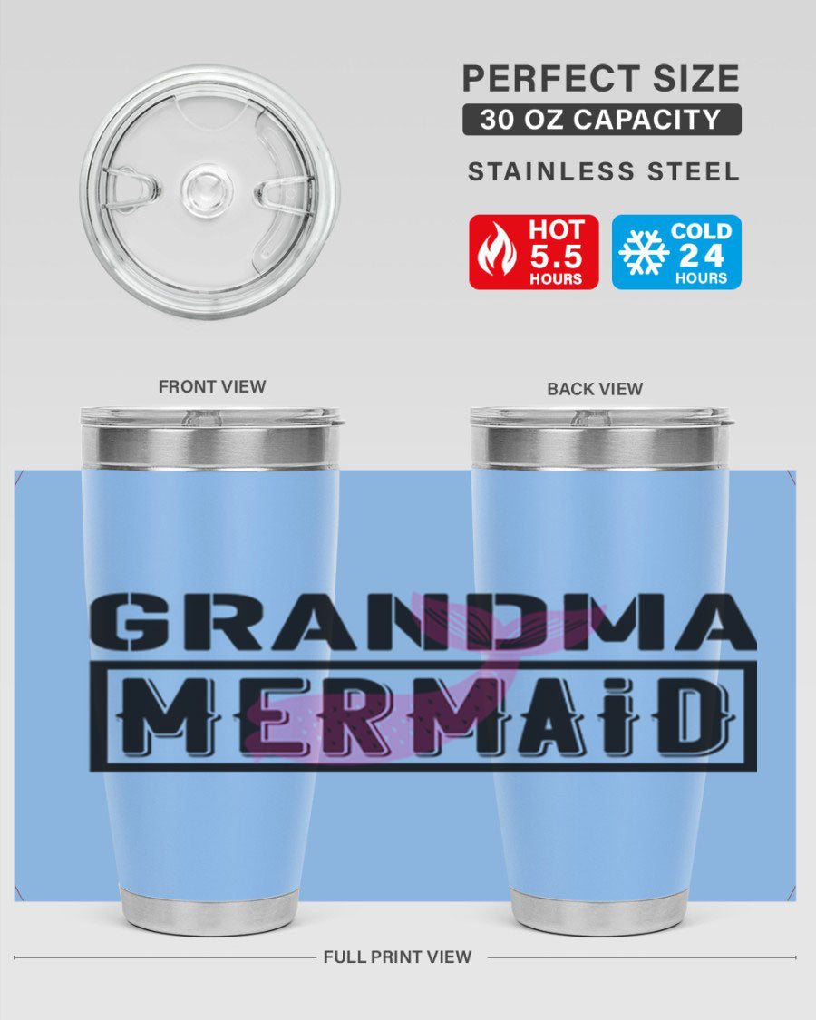 Grandma Mermaid 203# Tumbler, a stylish 20oz stainless steel drinkware with a charming mermaid design, perfect for hot and cold beverages.