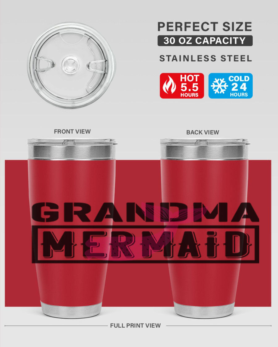 Grandma Mermaid 203# Tumbler, a stylish 20oz stainless steel drinkware with a charming mermaid design, perfect for hot and cold beverages.