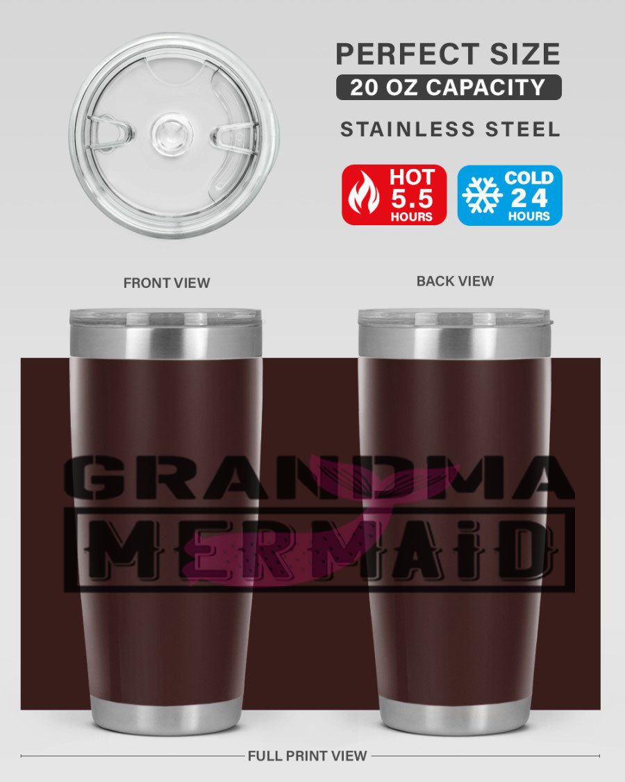 Grandma Mermaid 203# Tumbler, a stylish 20oz stainless steel drinkware with a charming mermaid design, perfect for hot and cold beverages.