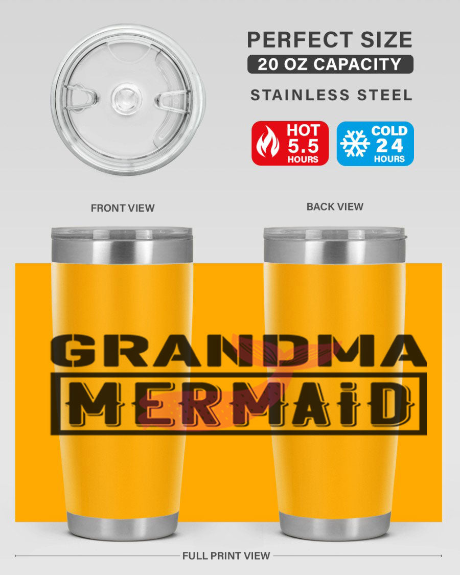 Grandma Mermaid 203# Tumbler, a stylish 20oz stainless steel drinkware with a charming mermaid design, perfect for hot and cold beverages.