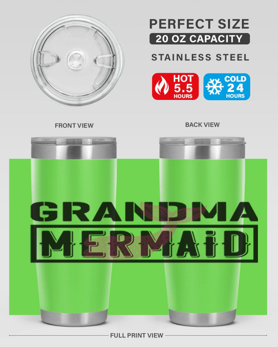 Grandma Mermaid 203# Tumbler, a stylish 20oz stainless steel drinkware with a charming mermaid design, perfect for hot and cold beverages.