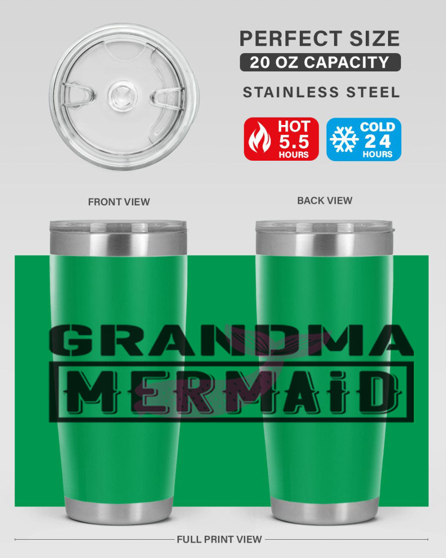 Grandma Mermaid 203# Tumbler, a stylish 20oz stainless steel drinkware with a charming mermaid design, perfect for hot and cold beverages.