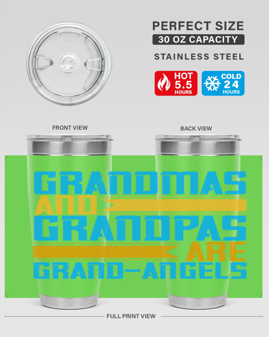 A stylish 20oz tumbler featuring the phrase 'Grandmas and Grandpas are Grandangels', made of stainless steel with a copper lining.