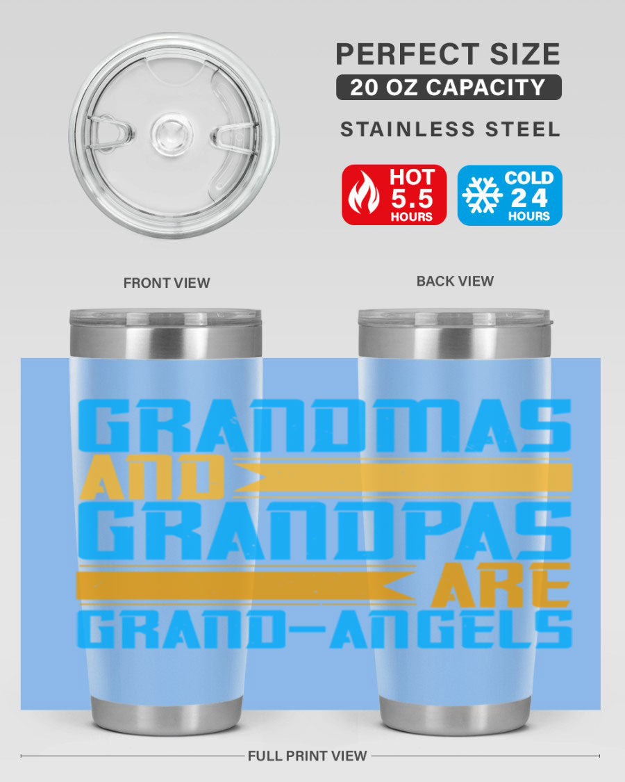 A stylish 20oz tumbler featuring the phrase 'Grandmas and Grandpas are Grandangels', made of stainless steel with a copper lining.