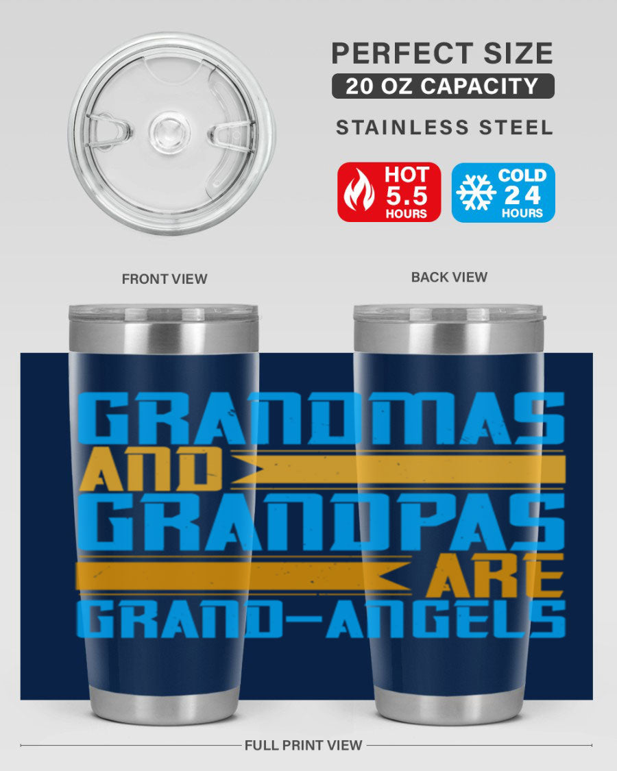 A stylish 20oz tumbler featuring the phrase 'Grandmas and Grandpas are Grandangels', made of stainless steel with a copper lining.